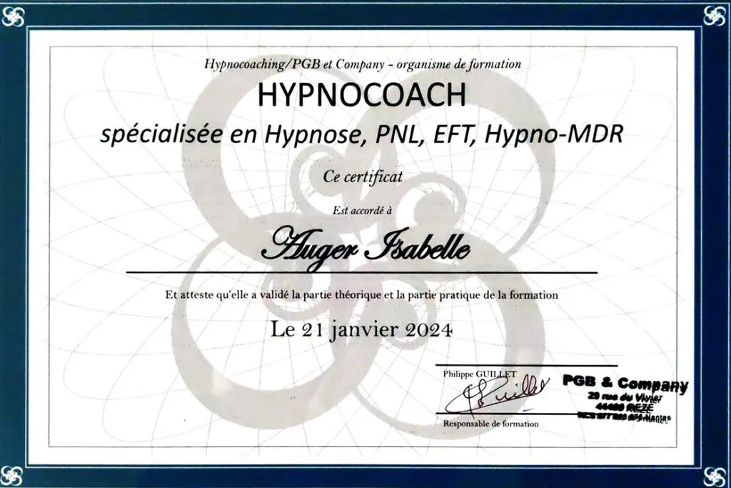 Certification Hypnocoach spécialisée Hypnose PNL EFT hypno-MDR Philippe Guillet Isabelle Auger