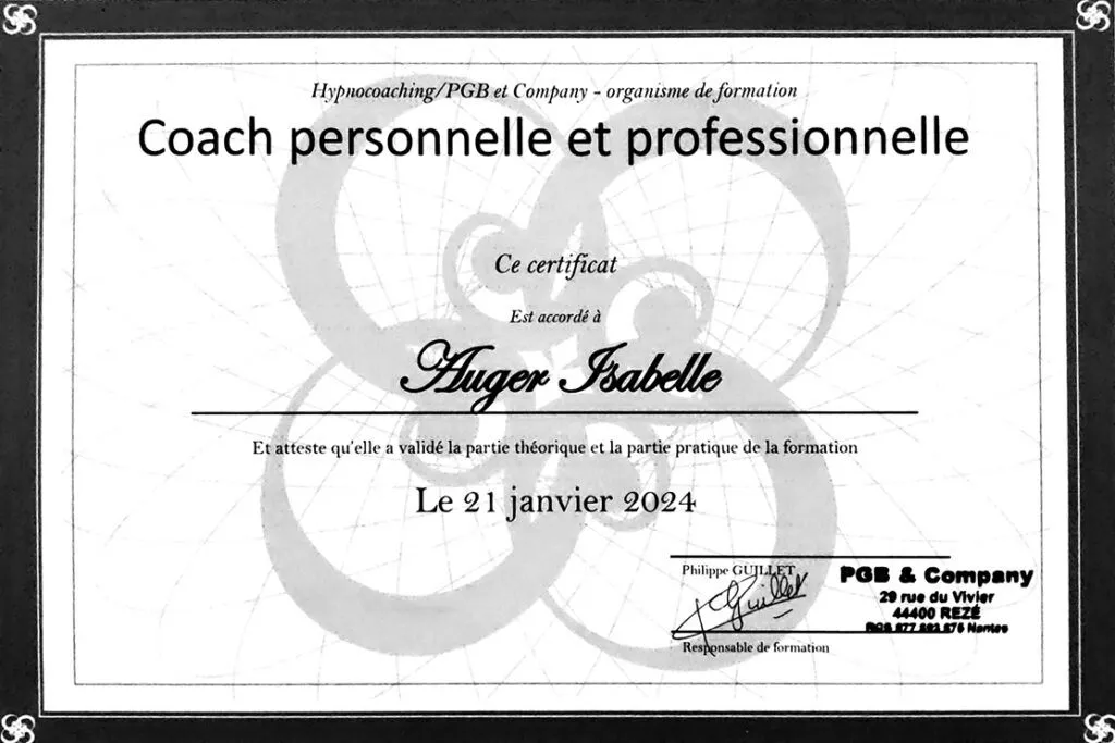 Certification d’attestation coach personnelle professionnelle Hypnocoaching Philippe Guillet Isabelle Auger