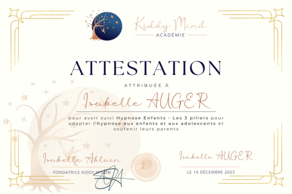Formation d’attestation hypnose enfants adolescents accompagnement parental Isabelle Ablain Kiddy Mind coach les 3 piliers